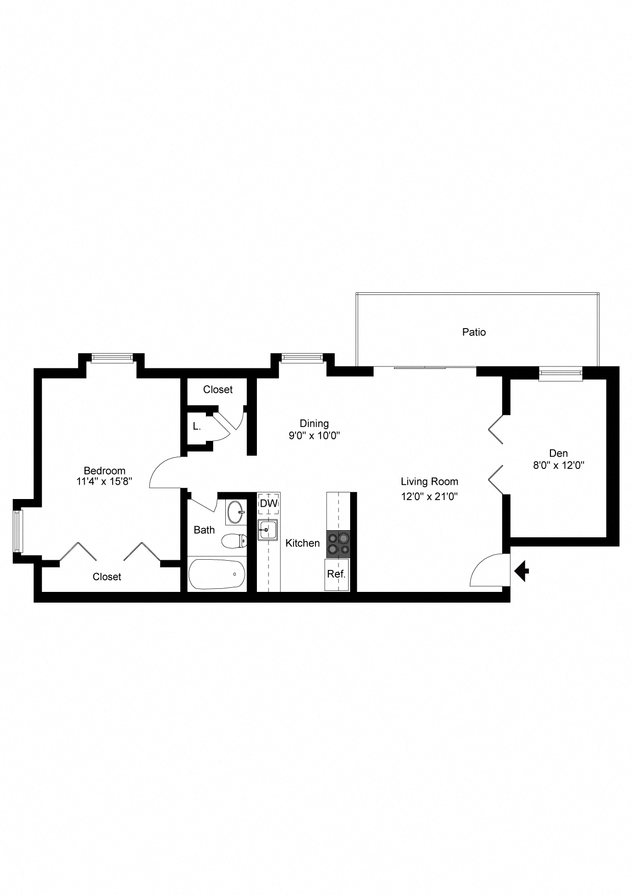 Floor plan for 1 bed, 1 bath, 853 sqft
